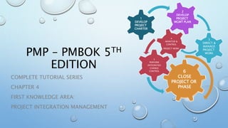 PMP – PMBOK 5TH
EDITION
COMPLETE TUTORIAL SERIES
CHAPTER 4
FIRST KNOWLEDGE AREA:
PROJECT INTEGRATION MANAGEMENT
5
PERFORM
INTEGRATED
CHANGE
CONTROL
4
MONITOR &
CONTROL
PROJECT WORK
1
DEVELOP
PROJECT
CHARTER
2
DEVELOP
PROJECT
MGMT PLAN
3
DIRECT &
MANAGE
PROJECT
WORK
6
CLOSE
PROJECT OR
PHASE
 