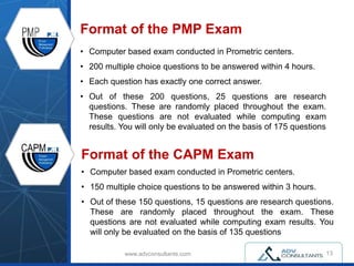 www.advconsultants.com
Format of the PMP Exam
• Computer based exam conducted in Prometric centers.
• 200 multiple choice questions to be answered within 4 hours.
• Each question has exactly one correct answer.
• Out of these 200 questions, 25 questions are research
questions. These are randomly placed throughout the exam.
These questions are not evaluated while computing exam
results. You will only be evaluated on the basis of 175 questions
13
Format of the CAPM Exam
• Computer based exam conducted in Prometric centers.
• 150 multiple choice questions to be answered within 3 hours.
• Out of these 150 questions, 15 questions are research questions.
These are randomly placed throughout the exam. These
questions are not evaluated while computing exam results. You
will only be evaluated on the basis of 135 questions
 