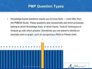 PMP Question Types
• Knowledge-based questions require you to know facts — most often from
the PMBOK Guide. These questions also occasionally ask which processes
belong to which Knowledge Area, or which Inputs, Tools & Techniques or
Outputs go with which process. Sometimes you are asked to identify an
example chart or graph, such as recognizing a RACI or Pareto chart.
19
www.advconsultants.com
 