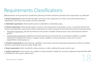 Requirements Classifications
 Requirements can be grouped into classifications allowing for further refinement and detail as the requirements are elaborated:
 Business requirements, which describe the higher-level needs of the organization as a whole, such as the business issues or
opportunities, and reasons why a project has been undertaken.
 Stakeholder requirements, which describe needs of a stakeholder or stakeholder group.
 Solution requirements, which describe features, functions, and characteristics of the product, service, or result that will meet the
business and stakeholder requirements. Solution requirements are further grouped into functional and nonfunctional requirements:
•

Functional requirements describe the behaviors of the product. Examples include processes, data, and interactions with the
product.

•

Nonfunctional requirements supplement functional requirements and describe the environmental conditions or qualities
required for the product to be effective. Examples include: reliability, security, performance, safety, level of service,
supportability, retention/purge, etc.

 Transition requirements describe temporary capabilities, such as data conversion and training requirements, needed to transition
from the current “as-is” state to the future “to-be” state.
 Project requirements, which describe the actions, processes, or other conditions the project needs to meet.
 Quality requirements, which capture any condition or criteria needed to validate the successful completion of a project deliverable
or fulfillment of other project requirements.

 