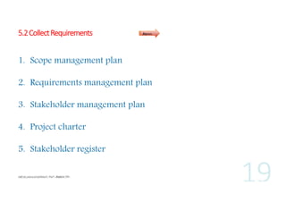 5.2 Collect Requirements

Inputs

1. Scope management plan
2. Requirements management plan
3. Stakeholder management plan
4. Project charter
5. Stakeholder register

 