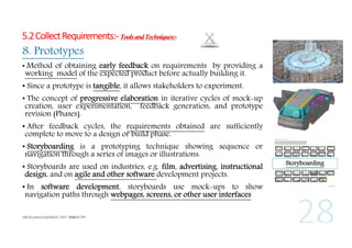 5.2 Collect Requirements:- Tools and Techniques:-

8. Prototypes

• Method of obtaining early feedback on requirements by providing a

working model of the expected product before actually building it.

• Since a prototype is tangible, it allows stakeholders to experiment.
• The concept of progressive elaboration in iterative cycles of mock-up
creation, user experimentation, feedback generation, and prototype
revision (Phases).
• After feedback cycles, the requirements obtained are sufficiently
complete to move to a design or build phase.
• Storyboarding is a prototyping technique showing sequence or
navigation through a series of images or illustrations.
• Storyboards are used on industries, e.g. film, advertising, instructional
design, and on agile and other software development projects.
• In software development, storyboards use mock-ups to show
navigation paths through webpages, screens, or other user interfaces

Storyboarding

 
