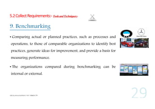 5.2 Collect Requirements:- Tools and Techniques:-

9. Benchmarking
• Comparing actual or planned practices, such as processes and
operations, to those of comparable organizations to identify best
practices, generate ideas for improvement, and provide a basis for
measuring performance.
• The organizations compared during benchmarking can be
internal or external.

 