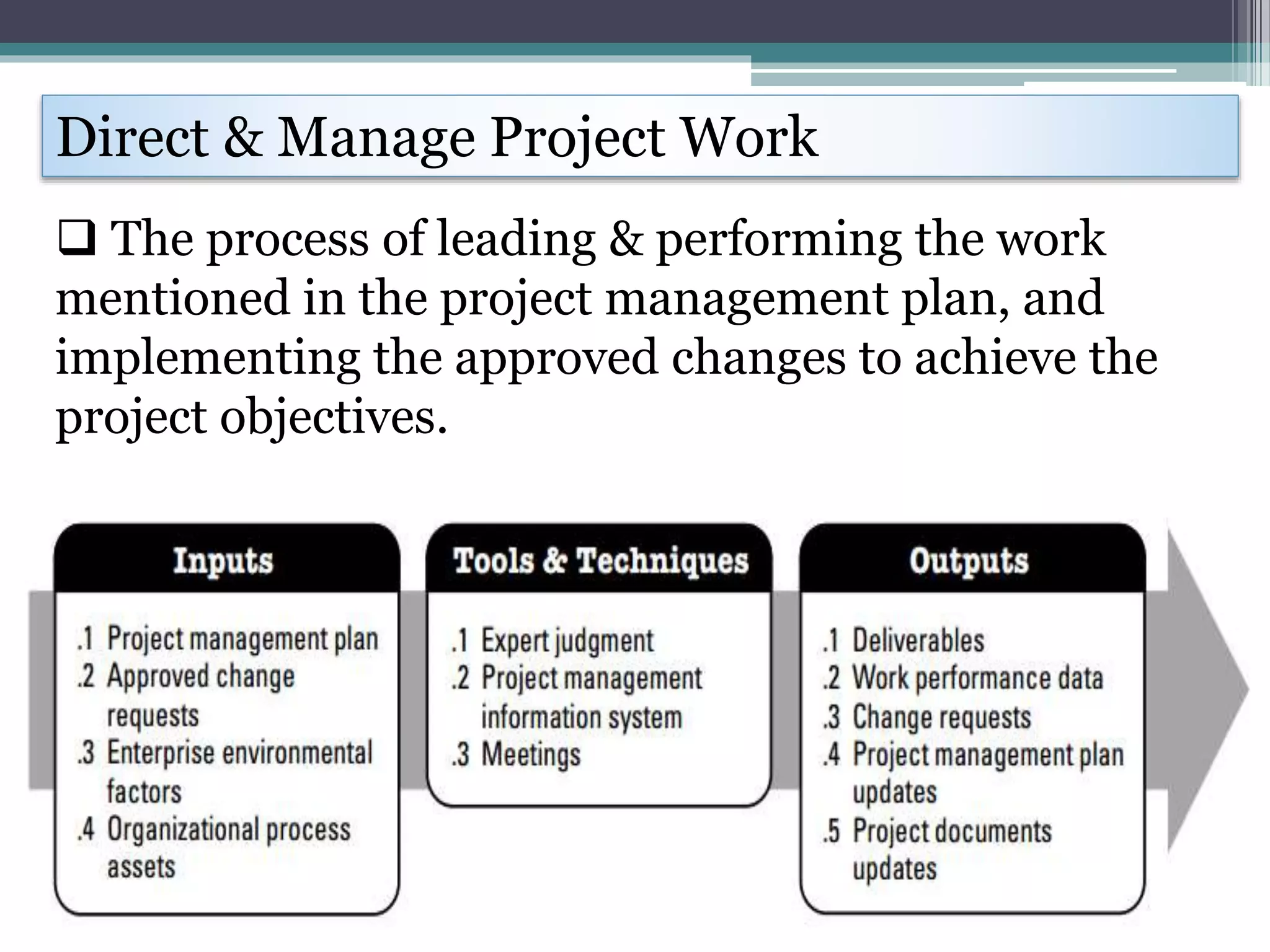 Direct & Manage Project Work
 The process of leading & performing the work
mentioned in the project management plan, and
implementing the approved changes to achieve the
project objectives.
 