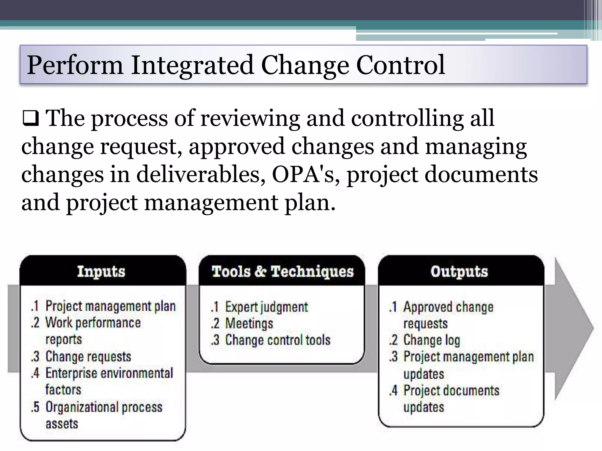 Perform Integrated Change Control
 The process of reviewing and controlling all
change request, approved changes and managing
changes in deliverables, OPA's, project documents
and project management plan.
 