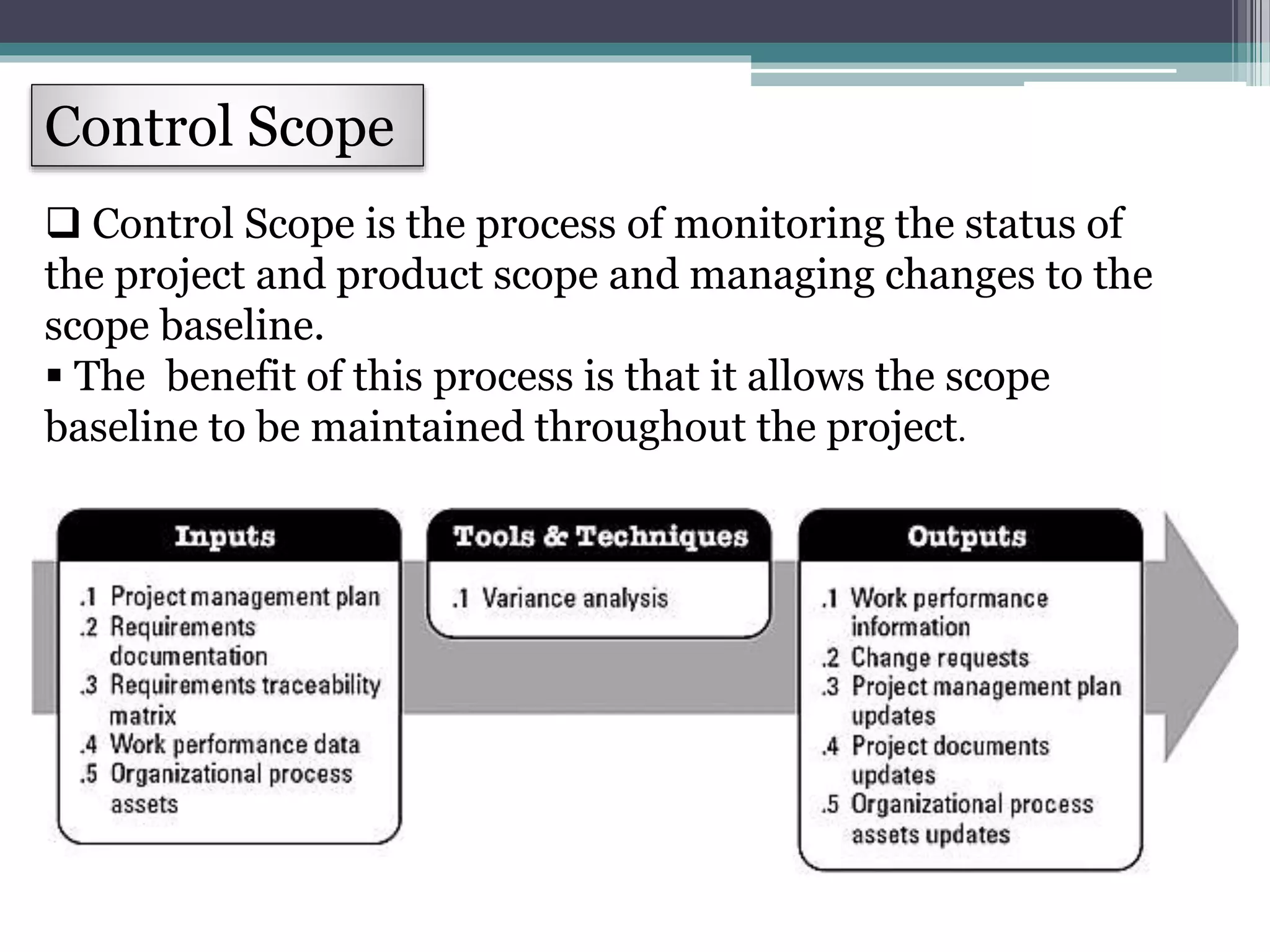 Control Scope
 Control Scope is the process of monitoring the status of
the project and product scope and managing changes to the
scope baseline.
 The benefit of this process is that it allows the scope
baseline to be maintained throughout the project.
 