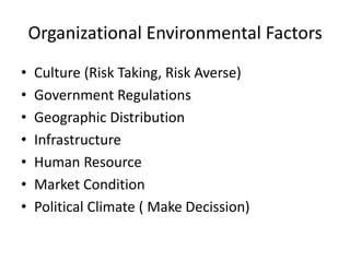 Organizational Environmental Factors
• Culture (Risk Taking, Risk Averse)
• Government Regulations
• Geographic Distribution
• Infrastructure
• Human Resource
• Market Condition
• Political Climate ( Make Decission)
 
