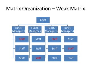 Matrix Organization – Weak Matrix
Chief
Funct.
Manager 1
Staff
Staff
Staff
Funct.
Manager 2
Staff
Staff
staff
Funct.
Manager 3
Staff
Staff
staff
Funct.
Manager 4
Staff
Staff
staff
 