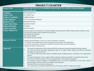 PROJECT CHARTER
Project Title IMPLEMENTING ENTERPRISE RESOURCE PLANNING FOR KUROSE
SYSTEMS INC.
Company Kurose Systems Inc.
Project Unit The TQPM Team
Project Consultant Andhika Cantona
Project Sponsor The Vice President, Operations
Business Unit Operations Division
Project Start Date September 26,2014
Project Duration 20 months
Project Location Montreal, Quebec
Project Objectives The main objective of the project is to install, integrate and commission an ERP using the Oracle E-Business suite.
The following modules shall be deployed in this project:
The Supply chain Module
The Finance Module
The Human Resource Module
Success Criteria • Meeting specified Budget, Time, Cost, Scope, and Quality constraints.
• To enhance the communications between the project team members and stakeholders.
• To meet the expectations of the sponsor and that of all internal and external stakeholders
• Manage the project risk effectively
Approach 1. The need and expectations of the customers shall be continuously tracked throughout the project phases
2. The heads of relevant functional departments shall act as subject matter experts and shall be consultants
throughout the project life cycle.
3. Any contract within this project shall be awarded through a bidding process, according to the organizational
practice
4. The internal employees of the company shall be deployed, whenever possible, to accomplish project tasks
5. Electronic mail shall be primary means of communication to the business management
6. In accordance with the company’s confidentiality policy, all e-mail correspondence on this project shall be
done through the official e-mail of the company and its partners
7. Determine the success factors for the project.
8. The various risks associated with different levels of the project shall be continuously tracked
 