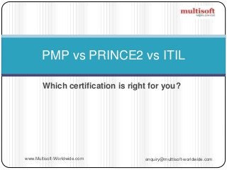 Which certification is right for you?
enquiry@multtisoft-worldwide.comwww.Multisoft-Worldwide.com
PMP vs PRINCE2 vs ITIL
 