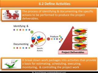 6.1 Plan Schedule management
The process of establishing policies, procedures, &
documentation for planning, developing, managing,
executing, & controlling the project schedule
The key benefit is to provide guidance and direction on
how the project schedule will be managed.
Establishing
Planning, Developing,
Managing, Executing
Controlling
 
