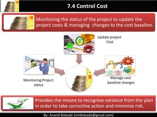 By: Anand Bobade (nmbobade@gmail.com)
7.3 Determine Budget
Aggregating the estimated costs of individual
activities or work packages to establish an authorized
cost baseline.
Determines the cost baseline against which project
performance can be monitored and controlled
Activity1 Resource Cost
Cost Baseline
Activity2 Resource Cost
Contingency
Reserve
Aggregation
 