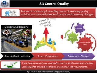 8.3 Control Quality
Monitoring & Recording
Recommend
-ation
Action
Action
Execute Quality activities Assess Performance Recommend Changes
Process of monitoring & recording results of executing quality
activities to assess performance & recommend necessary changes.
- Identifying causes of poor process/product quality & recommend action
-Validating that project deliverables & work meet the requirements.
By: Anand Bobade (nmbobade@gmail.com)
 