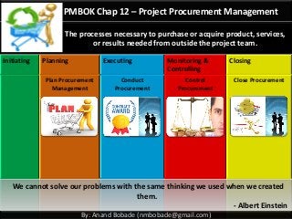 By: Anand Bobade (nmbobade@gmail.com)
PMBOK Chap 12 – Project Procurement Management
The processes necessary to purchase or acquire product, services,
or results needed from outside the project team.
Initiating Planning Executing Monitoring &
Controlling
Closing
Plan Procurement
Management
Conduct
Procurement
Control
Procurement
Close Procurement
We cannot solve our problems with the same thinking we used when we created
them.
- Albert Einstein
 