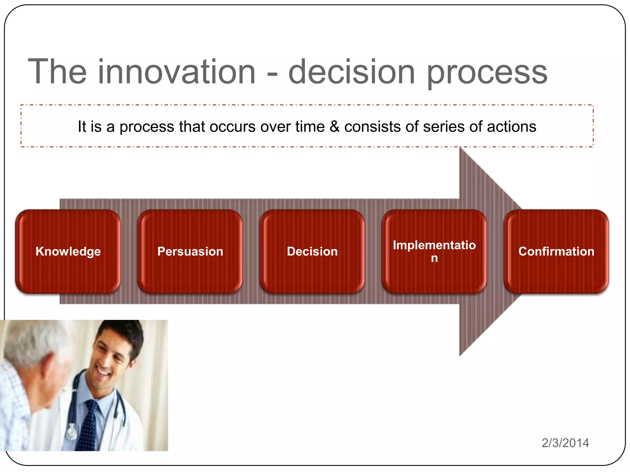 The innovation - decision process
It is a process that occurs over time & consists of series of actions

Knowledge

Persuasion

Decision

Implementatio
n

Confirmation

2/3/2014

 