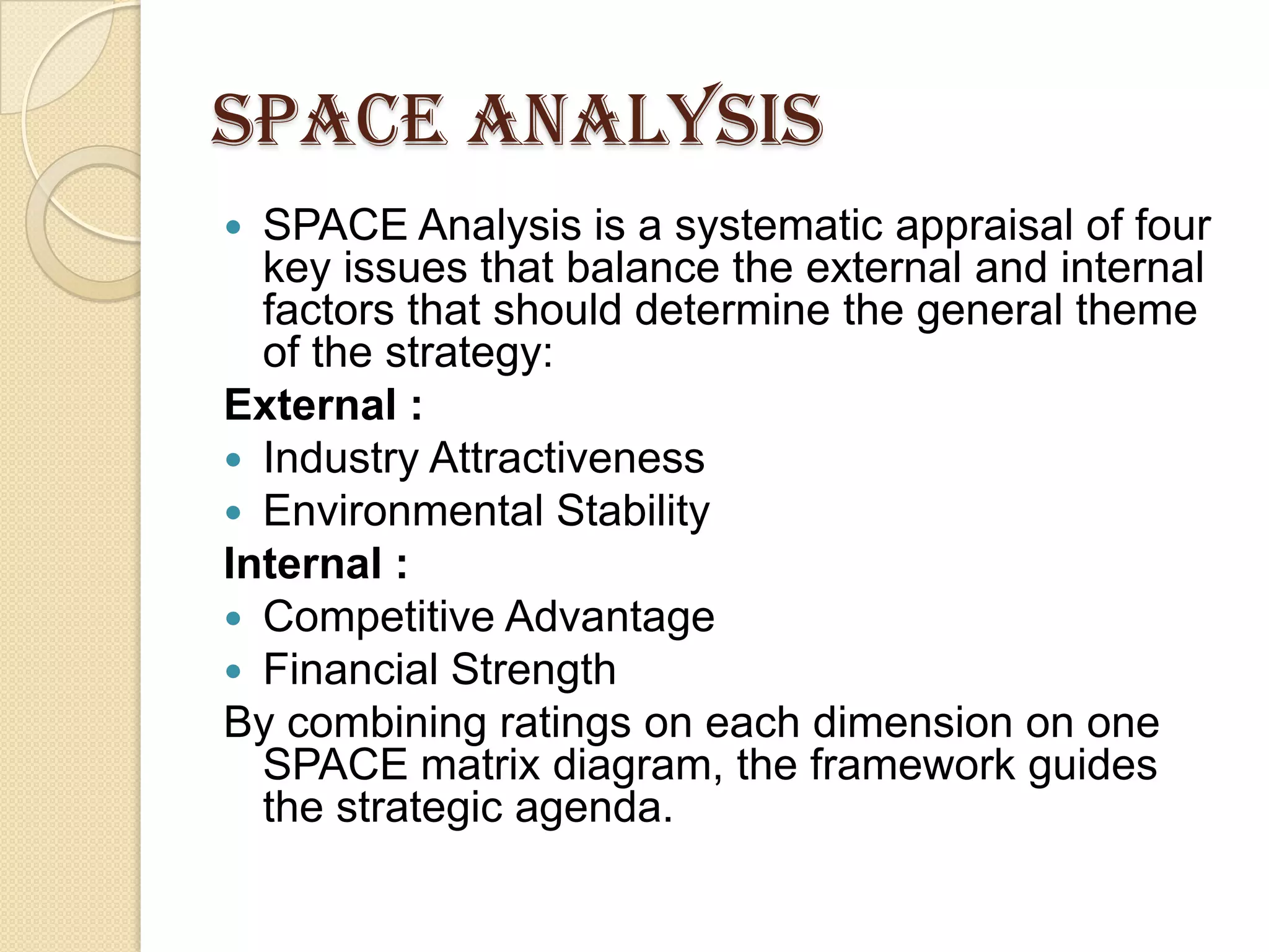 SPACE ANALYSIS
 SPACE Analysis is a systematic appraisal of four
key issues that balance the external and internal
factors that should determine the general theme
of the strategy:
External :
 Industry Attractiveness
 Environmental Stability
Internal :
 Competitive Advantage
 Financial Strength
By combining ratings on each dimension on one
SPACE matrix diagram, the framework guides
the strategic agenda.
 