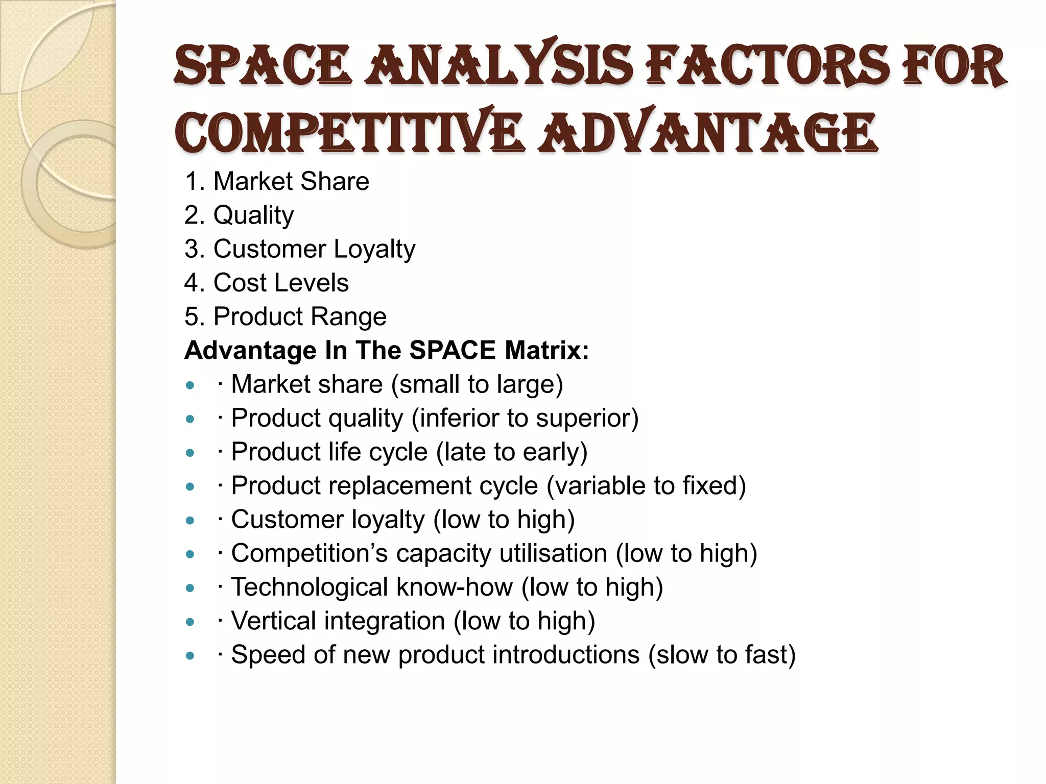SPACE Analysis Factors For
Competitive Advantage
1. Market Share
2. Quality
3. Customer Loyalty
4. Cost Levels
5. Product Range
Advantage In The SPACE Matrix:
 · Market share (small to large)
 · Product quality (inferior to superior)
 · Product life cycle (late to early)
 · Product replacement cycle (variable to fixed)
 · Customer loyalty (low to high)
 · Competition’s capacity utilisation (low to high)
 · Technological know-how (low to high)
 · Vertical integration (low to high)
 · Speed of new product introductions (slow to fast)
 
