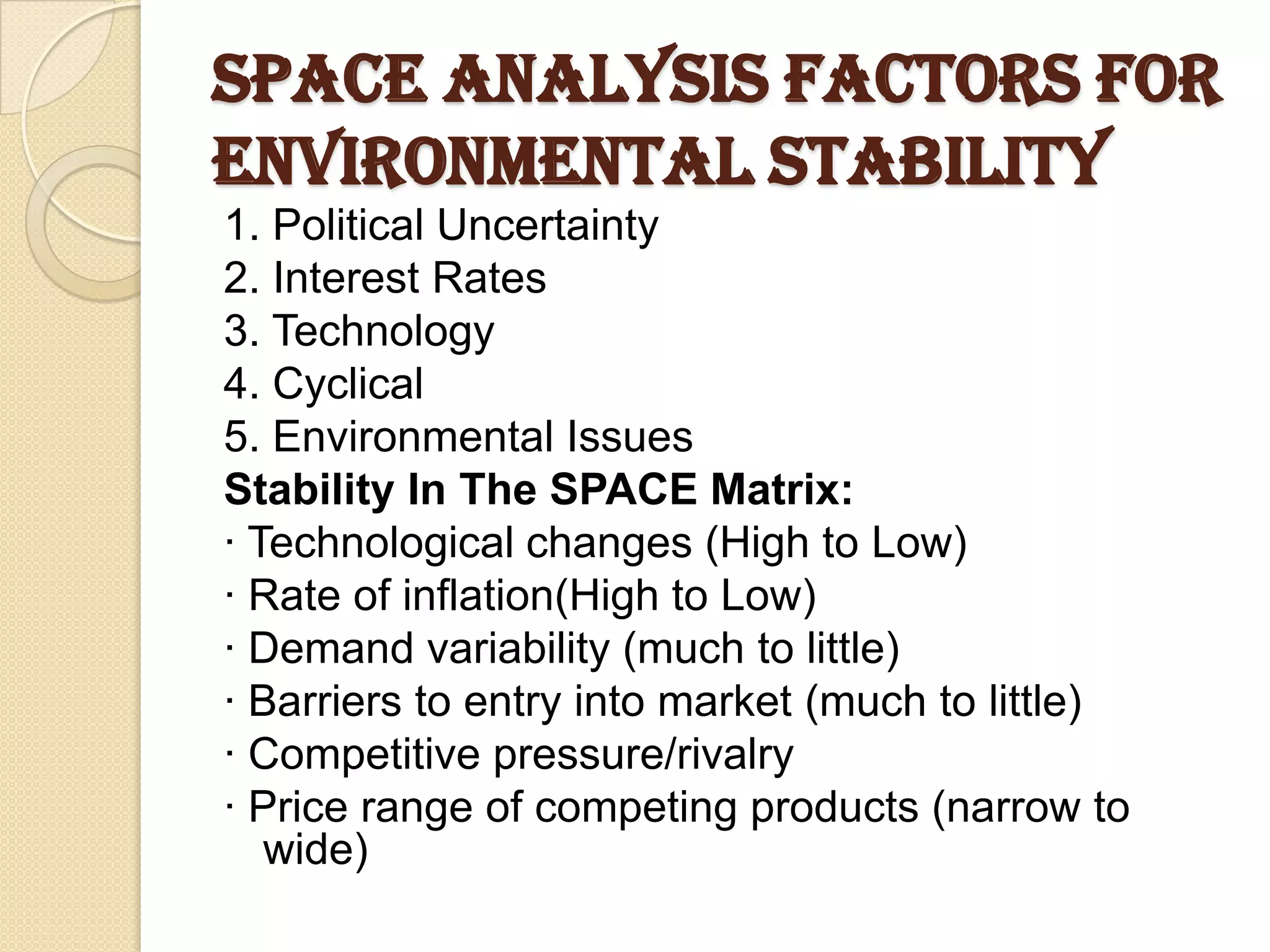 SPACE Analysis Factors For
Environmental Stability
1. Political Uncertainty
2. Interest Rates
3. Technology
4. Cyclical
5. Environmental Issues
Stability In The SPACE Matrix:
· Technological changes (High to Low)
· Rate of inflation(High to Low)
· Demand variability (much to little)
· Barriers to entry into market (much to little)
· Competitive pressure/rivalry
· Price range of competing products (narrow to
wide)
 