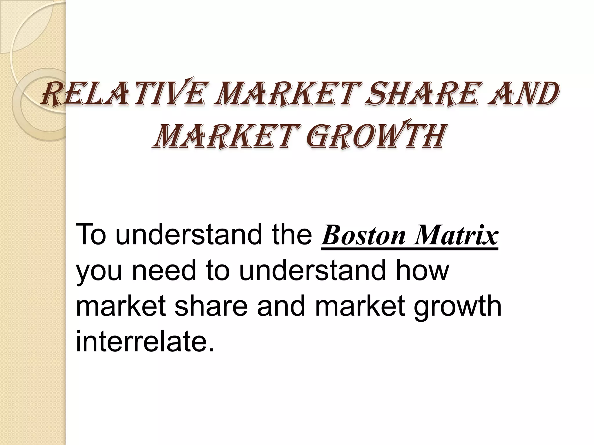 Relative Market Share and
Market Growth
To understand the Boston Matrix
you need to understand how
market share and market growth
interrelate.
 