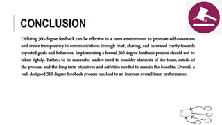 CONCLUSION
Utilizing 360-degree feedback can be effective in a team environment to promote self-awareness
and create transparency in communications through trust, sharing, and increased clarity towards
expected goals and behaviors. Implementing a formal 360-degree feedback process should not be
taken lightly. Rather, to be successful leaders need to consider elements of the team, details of
the process, and the long-term objectives and activities needed to sustain the benefits. Overall, a
well-designed 360-degree feedback process can lead to an increase overall team performance.
 