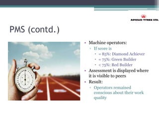 PMS (contd.)
• Machine operators:
▫ If score is
 = 85%: Diamond Achiever
 = 75%: Green Builder
 < 75%: Red Builder
• Assessment is displayed where
it is visible to peers
• Result:
▫ Operators remained
conscious about their work
quality
 