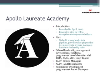 Apollo Laureate Academy
• Introduction:
▫ Launched in April, 2007
▫ Innovative step by HR to
strengthen developmental efforts
• Aim:
▫ To build strong leadership
pipeline, provide value proposition
to employees & prepare managers
for future leadership roles
• Offered leadership, management
development, functional
programmes in collaboration with
IIMA, XLRI, MDI, Grow Talent
• ELDP- Senior Managers
• ALDP- Middle Managers
• Supervisory Development
programmes- Junior Managers
 