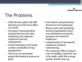 The Problems
• Until the late 1980’s, the HR
department at the head office
was small
• No proper communication
channel between the sales,
marketing and corporate
employees and top
management
• Critical decisions were based
on likes and dislikes of top
management
• There was no systematic
people development process in
place
• Job rotation and promotion
structures were haphazard
• Being a sales and marketing
focused organization, there
were limitations on growth
prospects for technical
employees.
• Compensation of managerial
employees required
restructuring.
• The corporate office, Gurgaon
was overstaffed, reduction was
to be made, while the average
quality should come up.
 