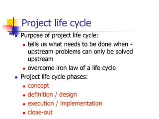 Project life cycle
 Purpose of project life cycle:
 tells us what needs to be done when -
upstream problems can only be solved
upstream
 overcome iron law of a life cycle
 Project life cycle phases:
 concept
 definition / design
 execution / implementation
 close-out
 