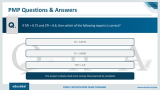 PMP® CERTIFICATION EXAM TRAINING www.edureka.co/pmp
PMP Questions & Answers
Q.
SV = $3750
CV = $4000
TCPI = 0.8
The projec...