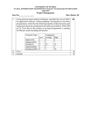 UNIVERSITY OF MUMBAI
T.Y.B.Sc. INFORMATION TECHNOLOGY (Semester VI) (Practical) EXAMINATION
April 2016
Project Management
Seat No:_______________ Max Marks: 50
1. Using function point analysis technique, calculate the cost of effort
for application software “online shopping” developed in c# by three
programmers, which has the following number of data functions and
transaction functions mentioned in the table given bellow. With TDI
of 35. Note that in this project an average programmer is getting
$5,500 per month including all benefits.
Function Type Complexity
Low Average High
Inputs (EI) 2 4 6
Outputs (EO) 3 5 7
Files(ILF) 5 10 15
Inquiries(EQ) 2 4 6
Interfaces(EIF) 4 7 10
40
2. Viva 5
3. Journal 5
 