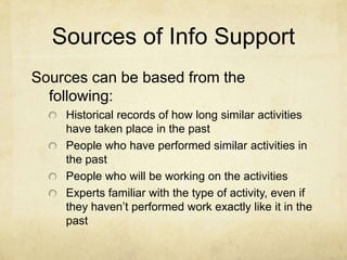 Sources of Info SupportSources can be based from the following:Historical records of how long similar activities have taken place in the pastPeople who have performed similar activities in the pastPeople who will be working on the activitiesExperts familiar with the type of activity, even if they haven’t performed work exactly like it in the past