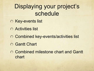 Displaying your project’s scheduleKey-events listActivities listCombined key-events/activities listGantt ChartCombined milestone chart and Gantt chart