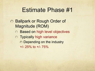 What is a GOOD Estimate?Defines what the project will accomplishWhat assumptions were madeHow long the estimates are validProject Cost based on the Current Information