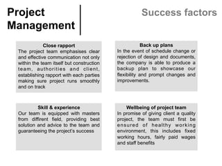 Project
Management	
Success factors
Back up plans	
In the event of schedule change or
rejection of design and documents,
the company is able to produce a
backup plan to showcase our
flexibility and prompt changes and
improvements.	
Close rapport	
The project team emphasises clear
and effective communication not only
within the team itself but construction
team, authorities and client,
establishing rapport with each parties
making sure project runs smoothly
and on track	
Wellbeing of project team	
In promise of giving client a quality
project, the team must first be
ensured of healthy working
environment, this includes fixed
working hours, fairly paid wages
and staff benefits	
Skill & experience	
Our team is equipped with masters
from diffirent field, providing best
solution and advice to the team and
guaranteeing the project’s success	
 
