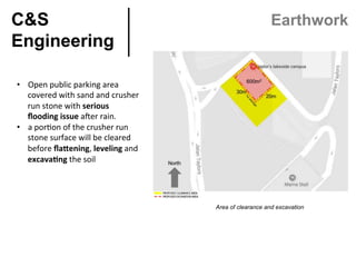 C&S
Engineering	
Earthwork
•  Open	public	parking	area	
covered	with	sand	and	crusher	
run	stone	with	serious	
ﬂooding	issue	aWer	rain.		
•  a	por>on	of	the	crusher	run	
stone	surface	will	be	cleared	
before	ﬂaAening,	leveling	and	
excava&ng	the	soil		
Area of clearance and excavation
 