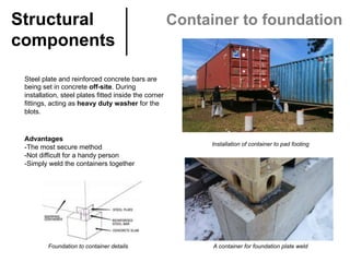 Structural
components	
Container to foundation
Advantages
-The most secure method
-Not difficult for a handy person
-Simply weld the containers together
Steel plate and reinforced concrete bars are
being set in concrete off-site. During
installation, steel plates fitted inside the corner
fittings, acting as heavy duty washer for the
blots.
Installation of container to pad footing	
 	
A container for foundation plate weld	
 	
Foundation to container details	
 	
 