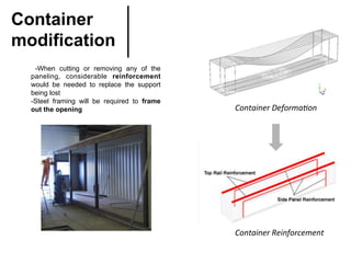Container
modification	
-When cutting or removing any of the
paneling, considerable reinforcement
would be needed to replace the support
being lost
-Steel framing will be required to frame
out the opening Container	Deforma-on		
Container	Reinforcement		
 