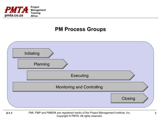 PMTA
Project
Management
Training
Africapmta.co.za
V-1.1 1PMI, PMP and PMBOK are registered marks of the Project Management Institute, Inc.
Copyright © PMTA. All rights reserved.
PM Process Groups
Initiating
Planning
Executing
Closing
Monitoring and Controlling
 
