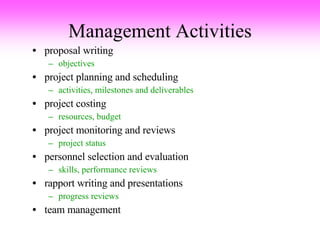 Management Activities proposal writing objectives project planning and scheduling activities, milestones and deliverables project costing resources, budget project monitoring and reviews project status personnel selection and evaluation skills, performance reviews rapport writing and presentations progress reviews team management 