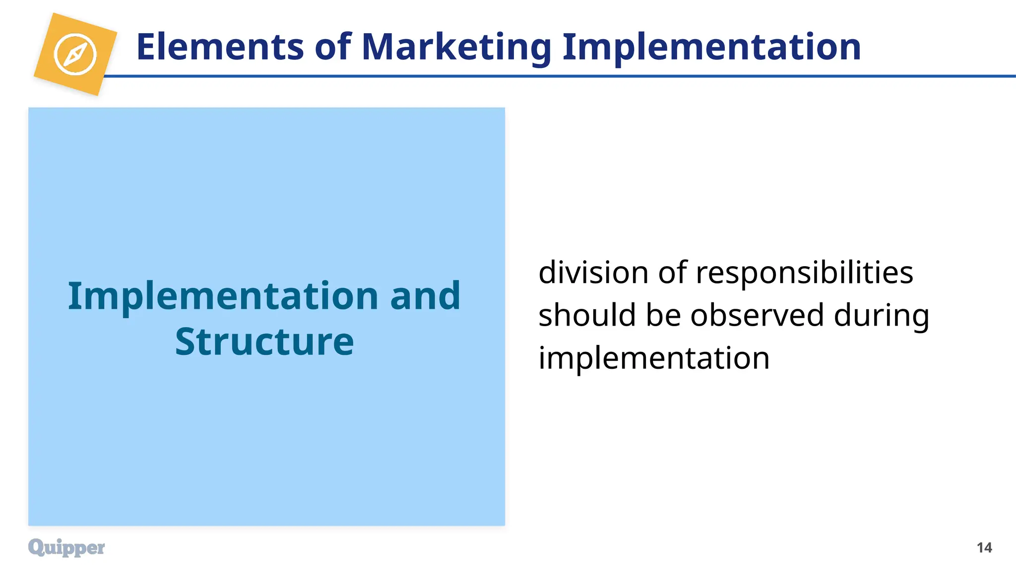 Elements of Marketing Implementation
division of responsibilities
should be observed during
implementation
Implementation and
Structure
14
 