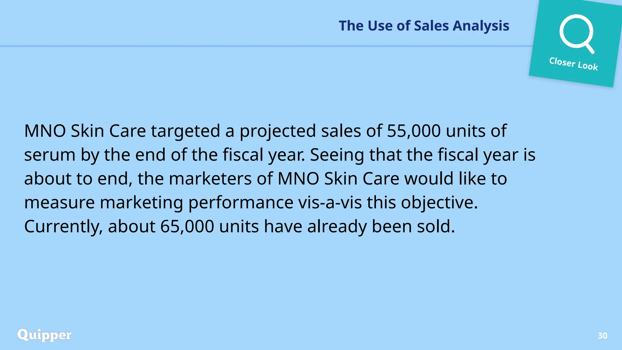 Closer Look
MNO Skin Care targeted a projected sales of 55,000 units of
serum by the end of the fiscal year. Seeing that the fiscal year is
about to end, the marketers of MNO Skin Care would like to
measure marketing performance vis-a-vis this objective.
Currently, about 65,000 units have already been sold.
The Use of Sales Analysis
30
 