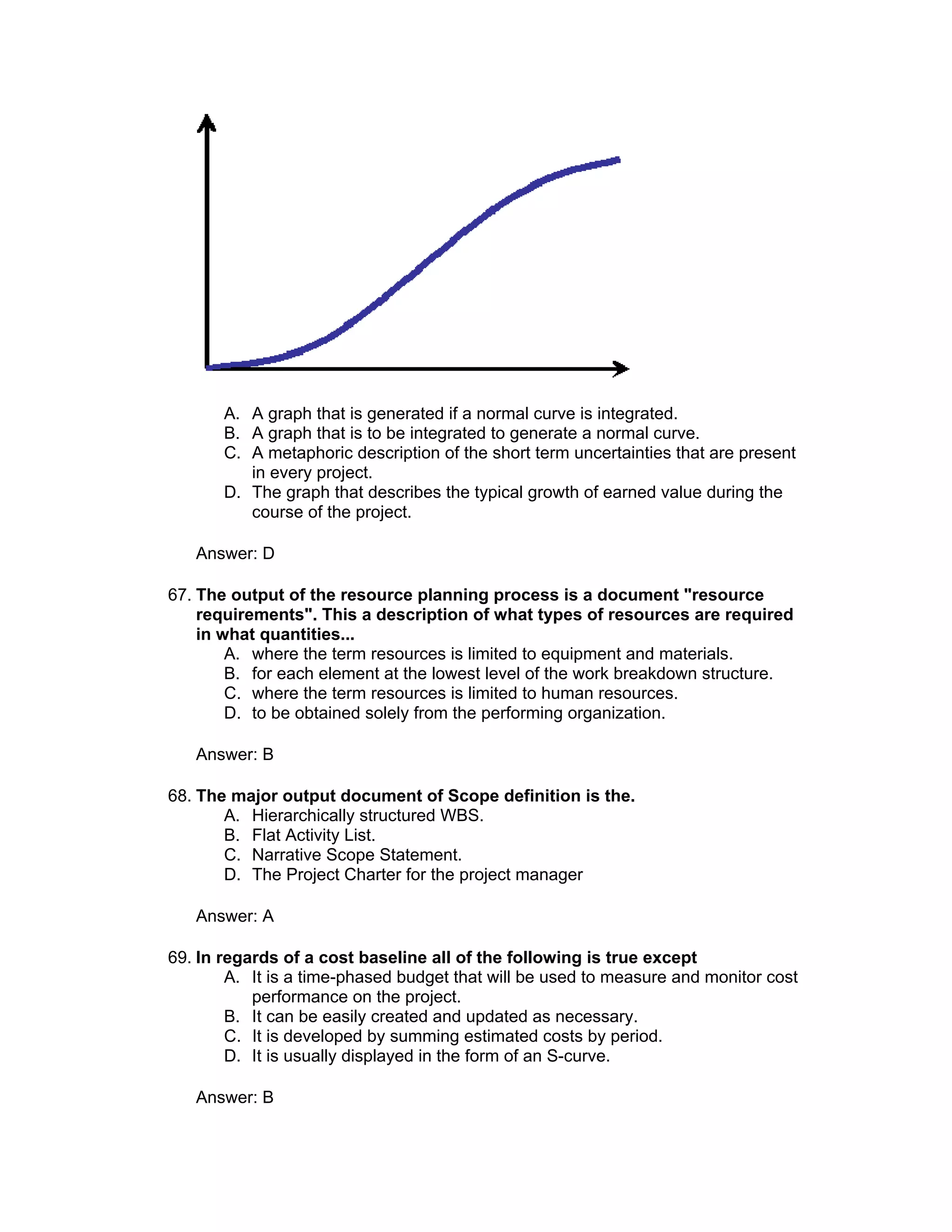 A. A graph that is generated if a normal curve is integrated.
       B. A graph that is to be integrated to generate a normal curve.
       C. A metaphoric description of the short term uncertainties that are present
          in every project.
       D. The graph that describes the typical growth of earned value during the
          course of the project.

   Answer: D

67. The output of the resource planning process is a document "resource
    requirements". This a description of what types of resources are required
    in what quantities...
        A. where the term resources is limited to equipment and materials.
        B. for each element at the lowest level of the work breakdown structure.
        C. where the term resources is limited to human resources.
        D. to be obtained solely from the performing organization.

   Answer: B

68. The major output document of Scope definition is the.
       A. Hierarchically structured WBS.
       B. Flat Activity List.
       C. Narrative Scope Statement.
       D. The Project Charter for the project manager

   Answer: A

69. In regards of a cost baseline all of the following is true except
        A. It is a time-phased budget that will be used to measure and monitor cost
           performance on the project.
        B. It can be easily created and updated as necessary.
        C. It is developed by summing estimated costs by period.
        D. It is usually displayed in the form of an S-curve.

   Answer: B
 