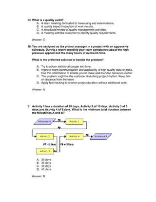 29. What is a quality audit?
      A. A team meeting dedicated to measuring and examinations.
      B. A quality based inspection of work results.
      C. A structured review of quality management activities.
      D. A meeting with the customer to identify quality requirements.

   Answer: C

30. You are assigned as the project manager in a project with an aggressive
    schedule. During a recent meeting your team complained about the high
    pressure applied and the many hours of overwork time.

   What is the preferred solution to handle the problem?

       A. Try to obtain additional budget and time.
       B. Improve team communication and availability of high quality data on risks.
          Use this information to enable you to make well-founded decisions earlier.
       C. The problem might be the customer disturbing project rhythm. Keep him
          on distance from the team.
       D. Apply fast tracking to shorten project duration without additional work.

   Answer: A




31. Activity 1 has a duration of 20 days, Activity 2 of 10 days, Activity 3 of 5
    days and Activity 4 of 6 days. What is the minimum total duration between
    the Milestones A and B?




       A.   36 days
       B.   37 days
       C.   39 days
       D.   42 days

   Answer: B
 