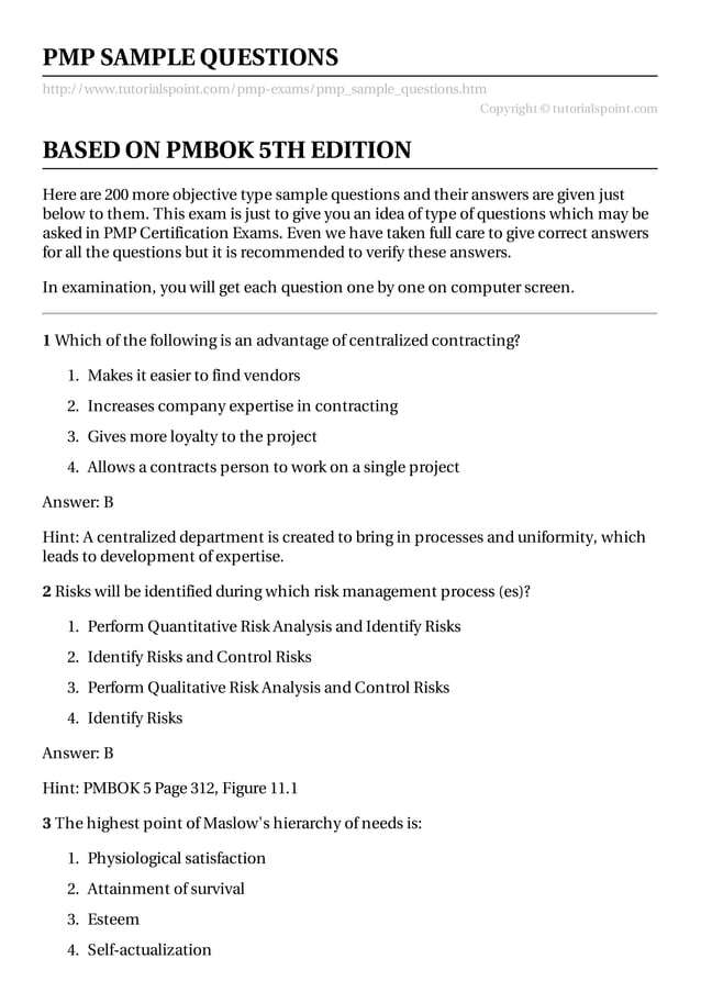 Pmp Test Questions Examples Pmp sample questions | PDF