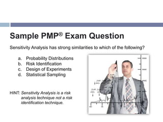 Sample PMP® Exam Question
Sensitivity Analysis has strong similarities to which of the following?

    a.   Probability Distributions
    b.   Risk Identification
    c.   Design of Experiments
    d.   Statistical Sampling



HINT: Sensitivity Analysis is a risk
      analysis technique not a risk
      identification technique.
 