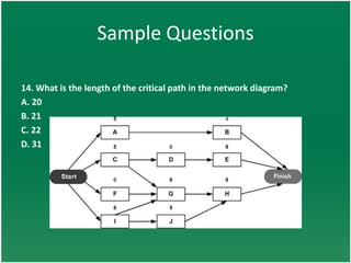 Sample Questions

14. What is the length of the critical path in the network diagram?
A. 20
B. 21
C. 22
D. 31
 