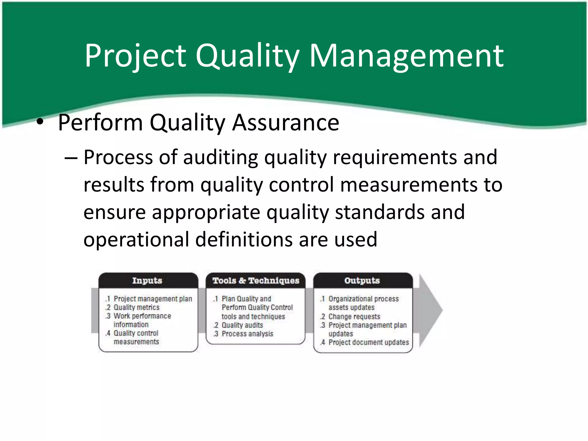 Project Quality Management
• Perform Quality Assurance
  – Process of auditing quality requirements and
    results from quality control measurements to
    ensure appropriate quality standards and
    operational definitions are used
 