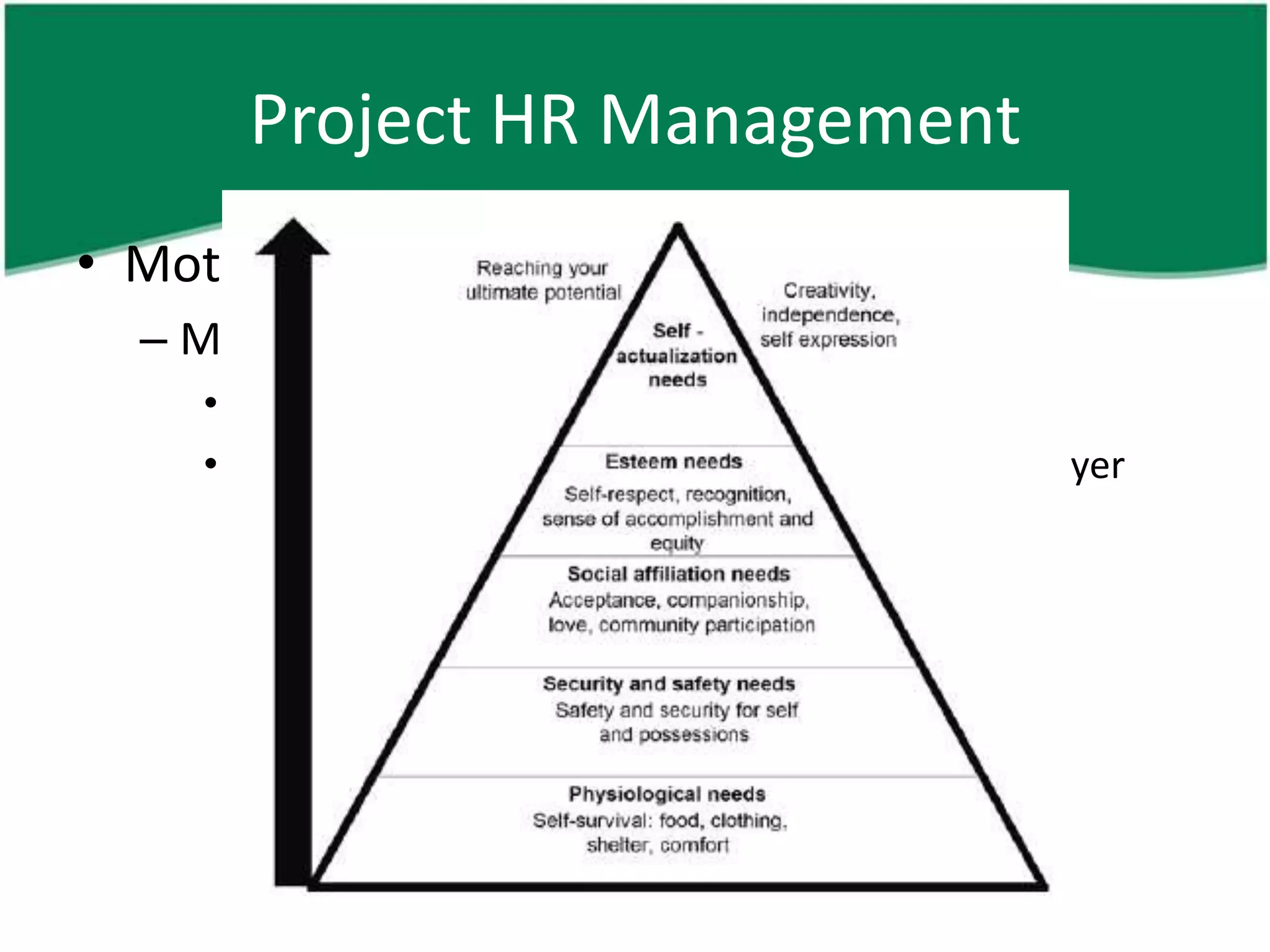Project HR Management
• Motivating your team
  – Maslow’s hierarchy of needs
     • People have layers of needs
     • Fill the lower layer first before filling the upper layer
 