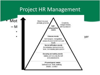 Project HR Management
• Motivating your team
  – Maslow’s hierarchy of needs
     • People have layers of needs
     • Fill the lower layer first before filling the upper layer
 