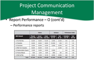 Project Communication
            Management
• Report Performance – O (cont’d)
  – Performance reports
 